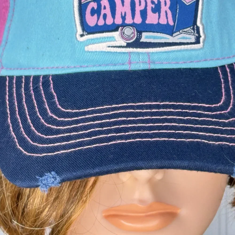 Simply Southern Happy Camper Embroidered Pink Aqua Baseball Hat Cap Distressed